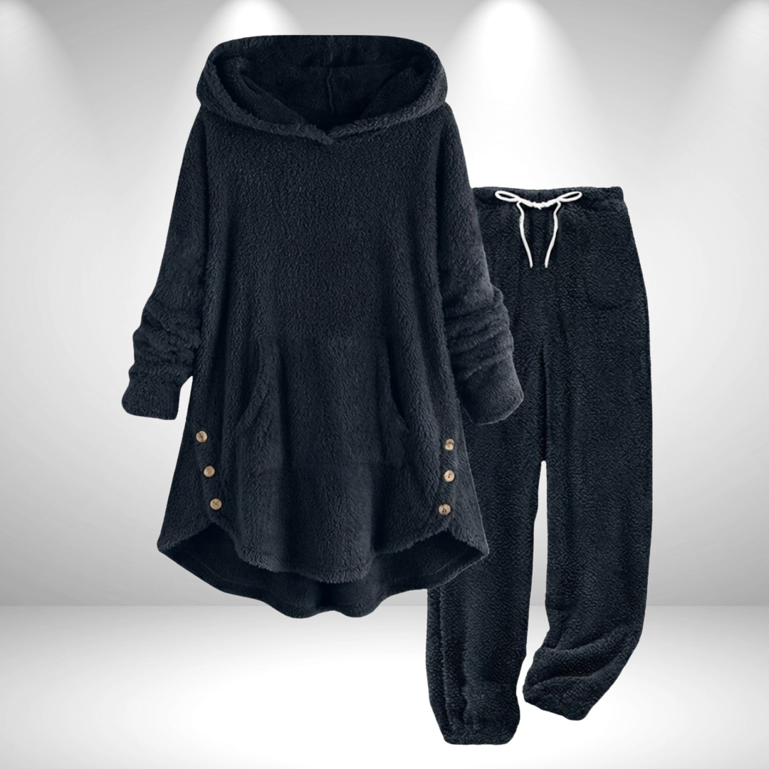 Ensemble hiver pull ample à capuche et pantalon, bleu marine foncé, boutons décoratifs