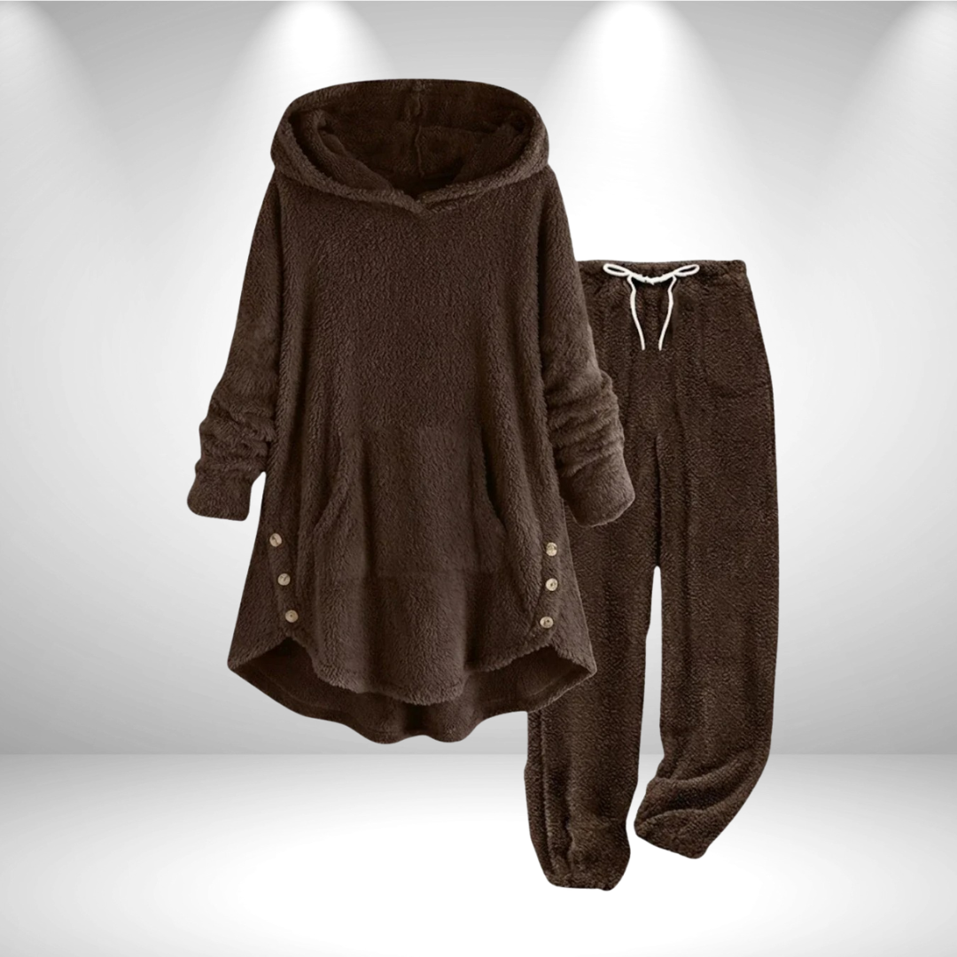 Ensemble hiver pull ample à capuche et pantalon, brun chocolat, boutons décoratifs