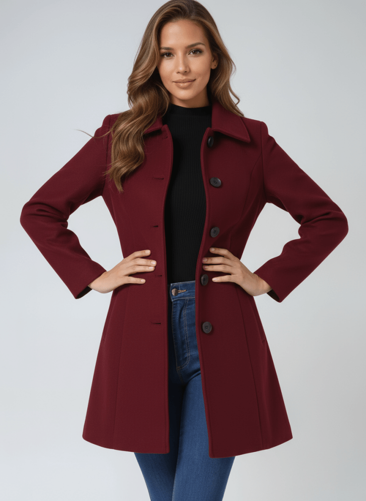 Manteau d’hiver long bordeaux, col droit, boutonnage et poches, manches longues.