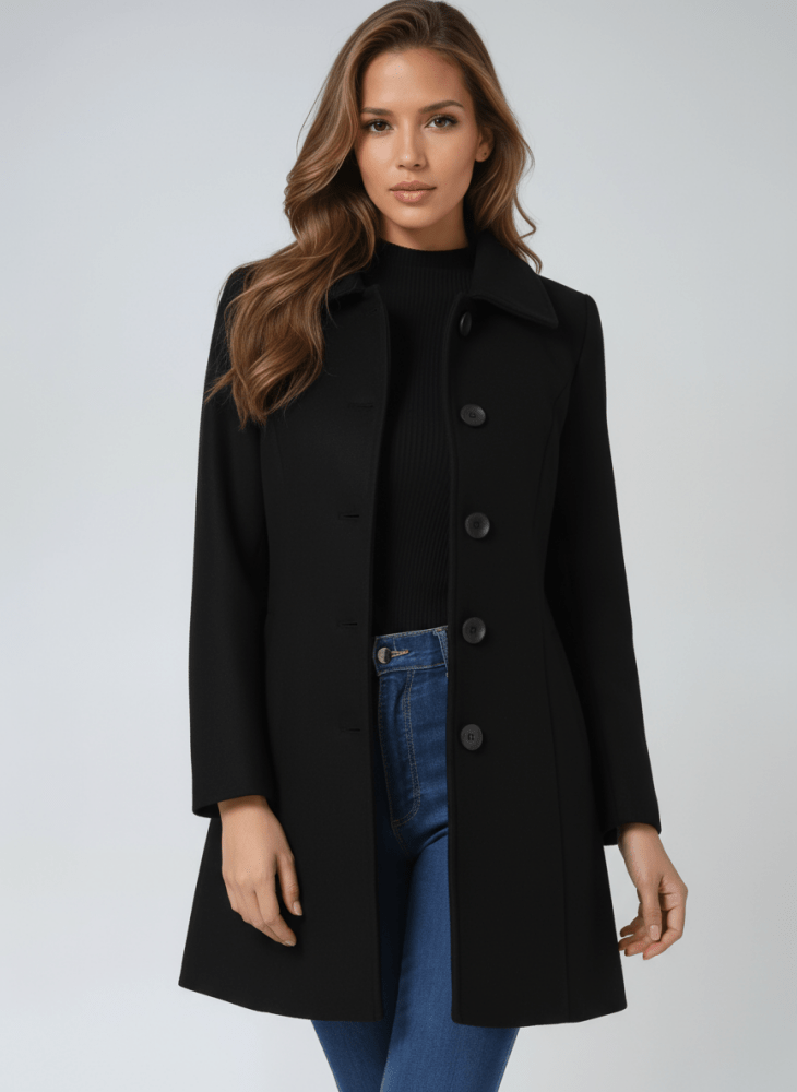Manteau d’hiver noir mi-long à col droit, boutons visibles, poches, manches longues.