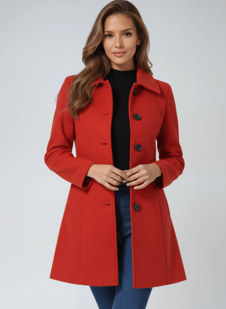Manteau d’hiver rouge à double boutonnage, col et poches, coupe mi-longue.