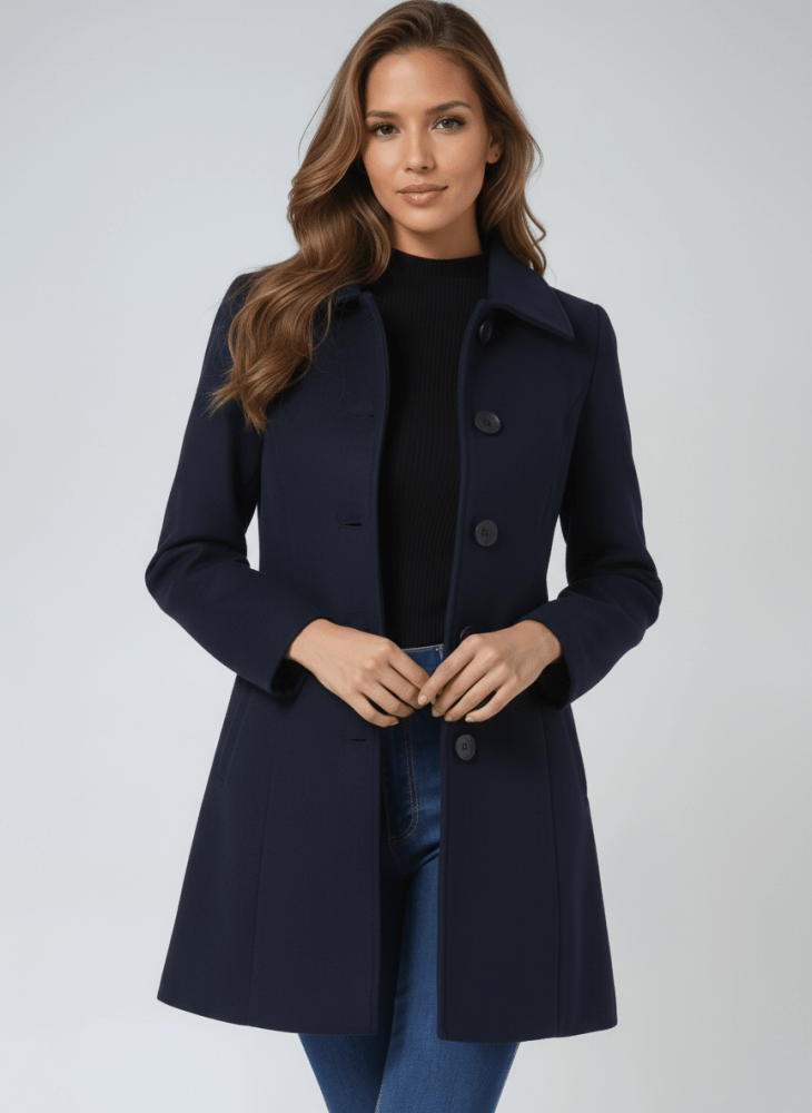 Manteau d’hiver bleu marine à double boutonnage, col droit, mi-long.