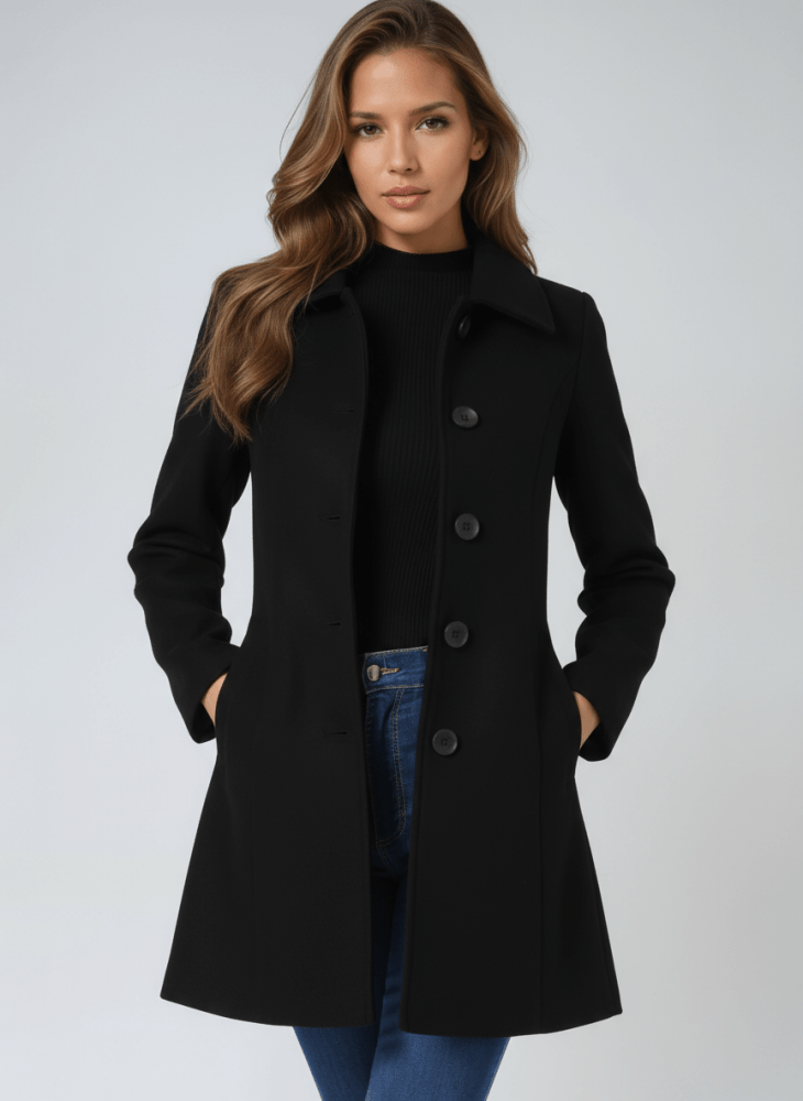 Manteau d’hiver noir à double boutonnage, col montant, coupe mi-longue.