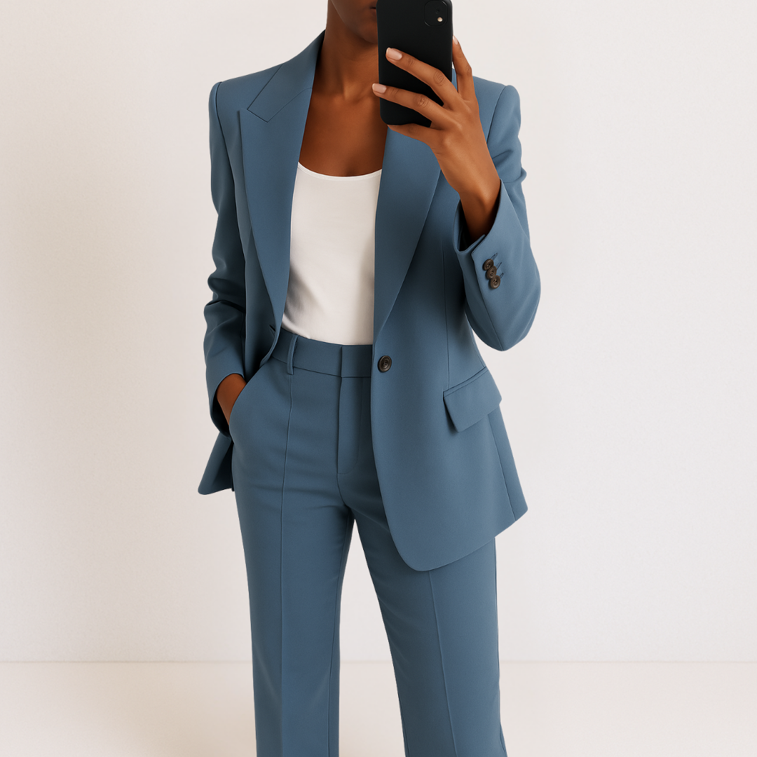 Costume bleu : veste cintrée et pantalon droit à jambes amples.