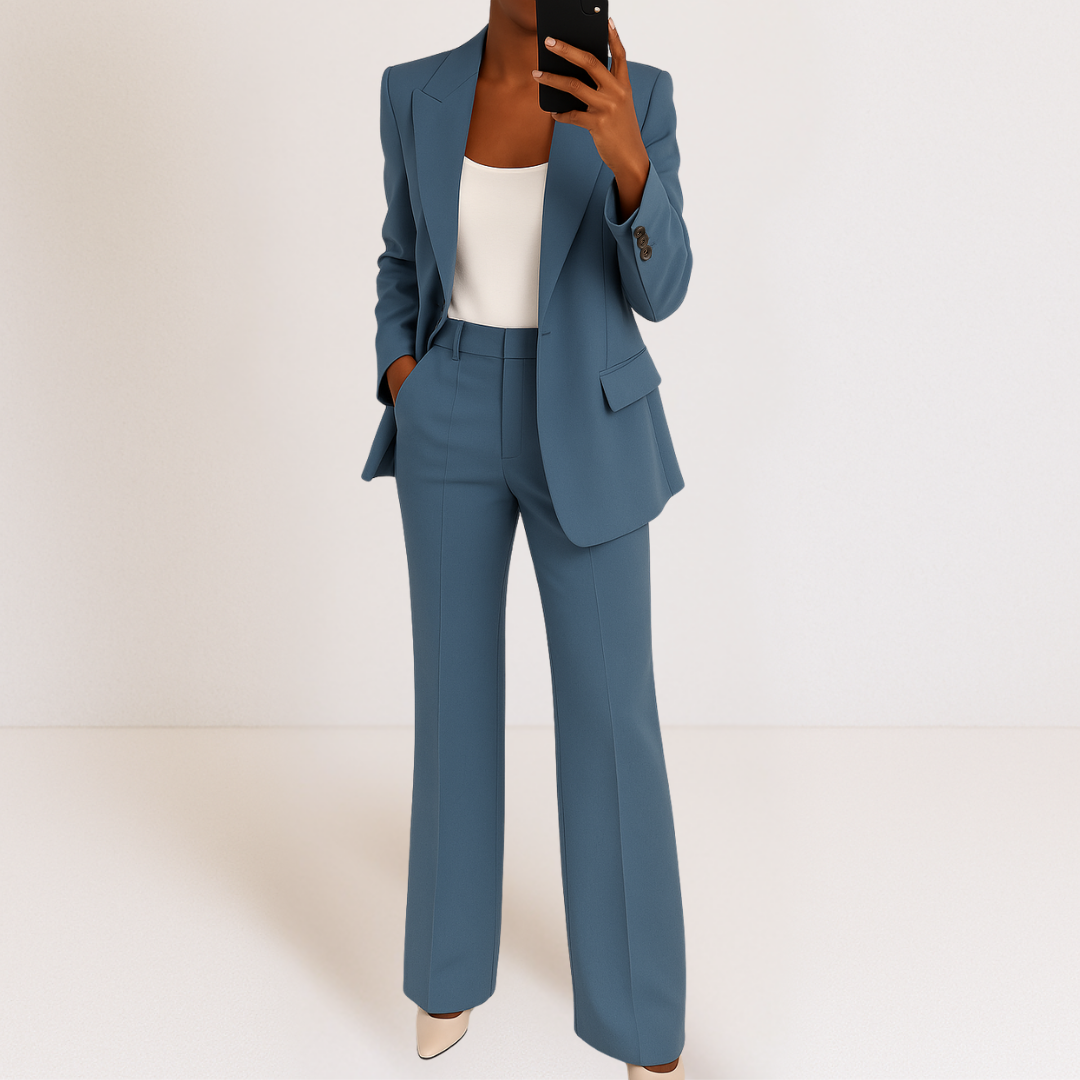 Costume bleu : veste tailleur et pantalon droit à taille structurée.