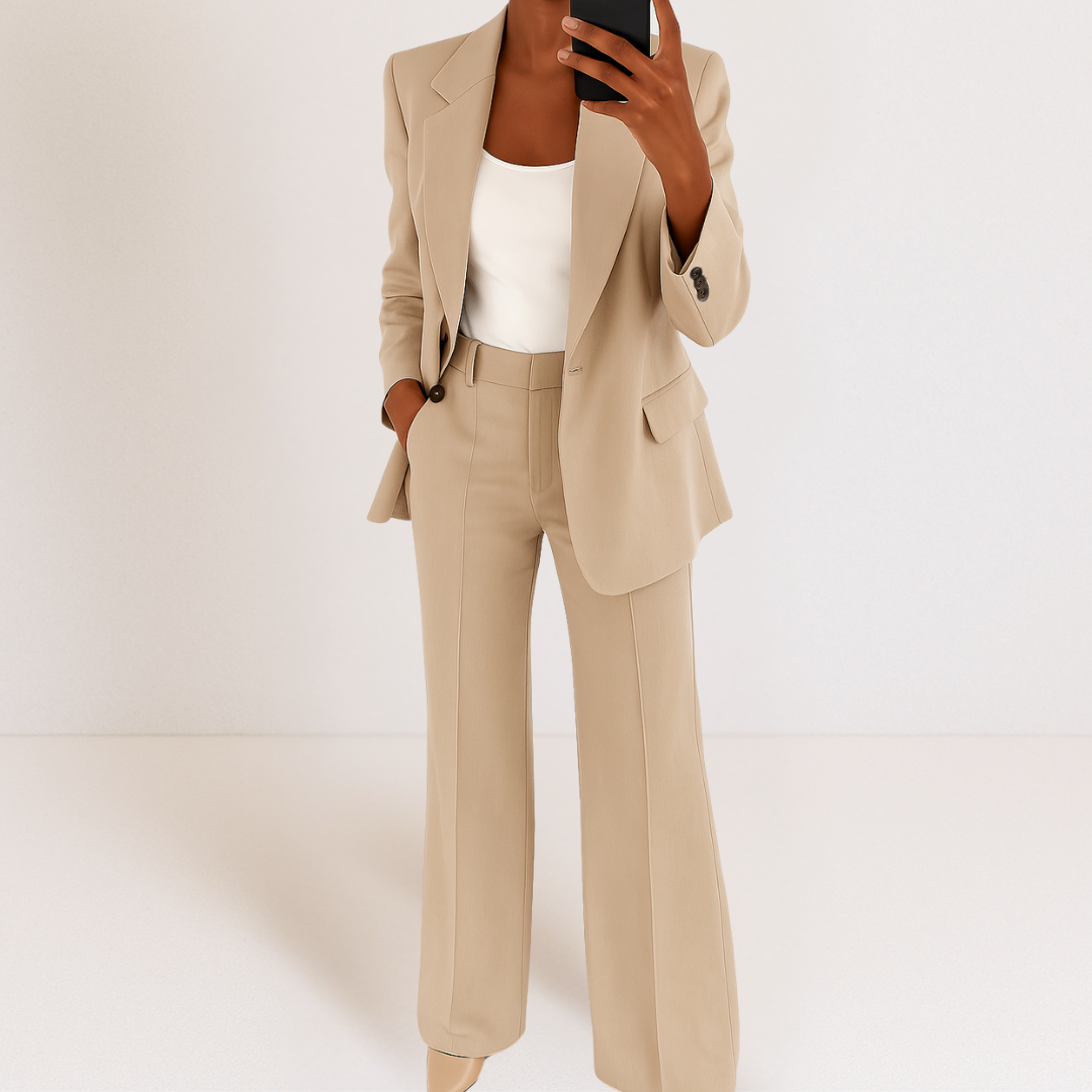 Costume beige : veste blazer et pantalon droit à taille structurée.
