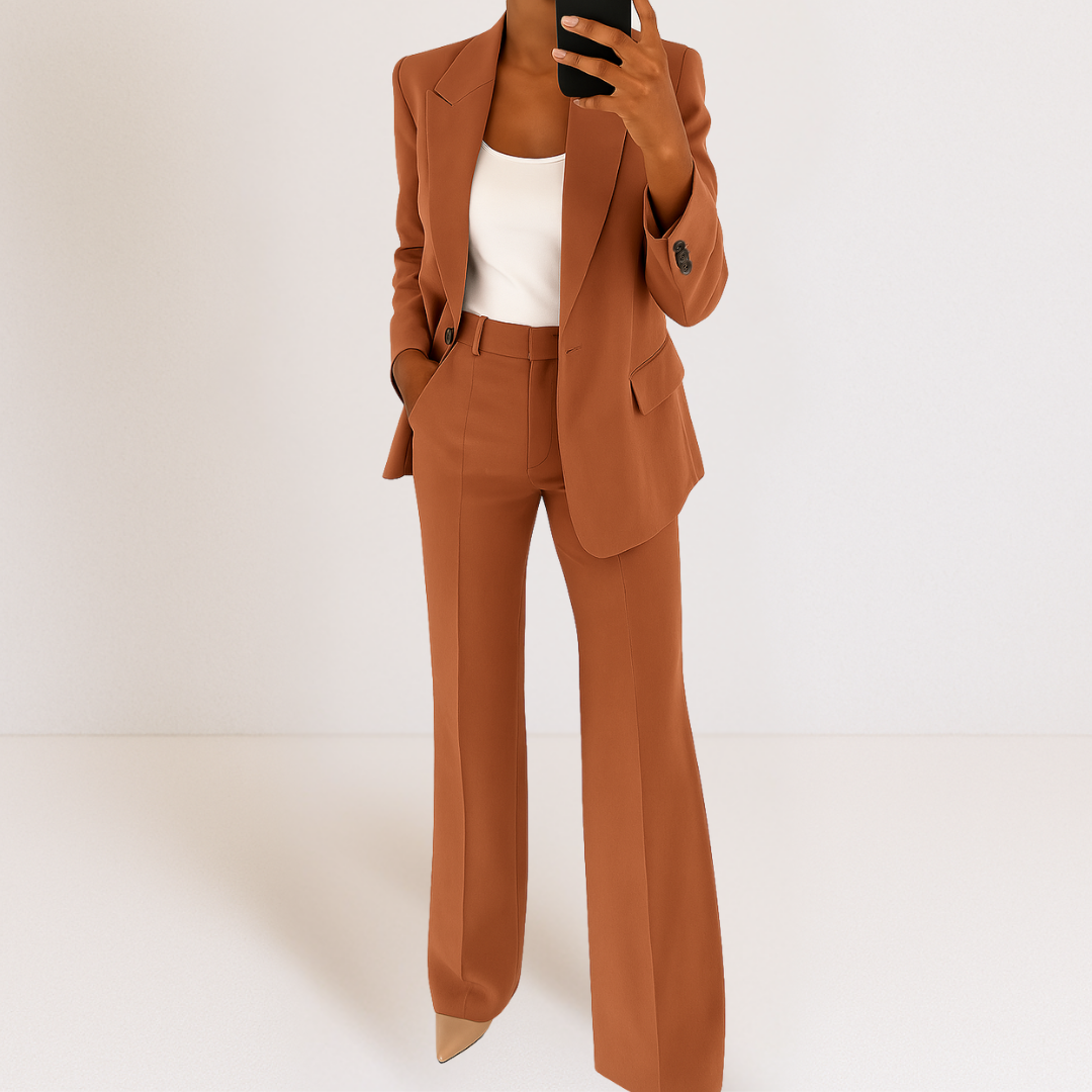 Costume orange : veste tailleur et pantalon droit taille haute.