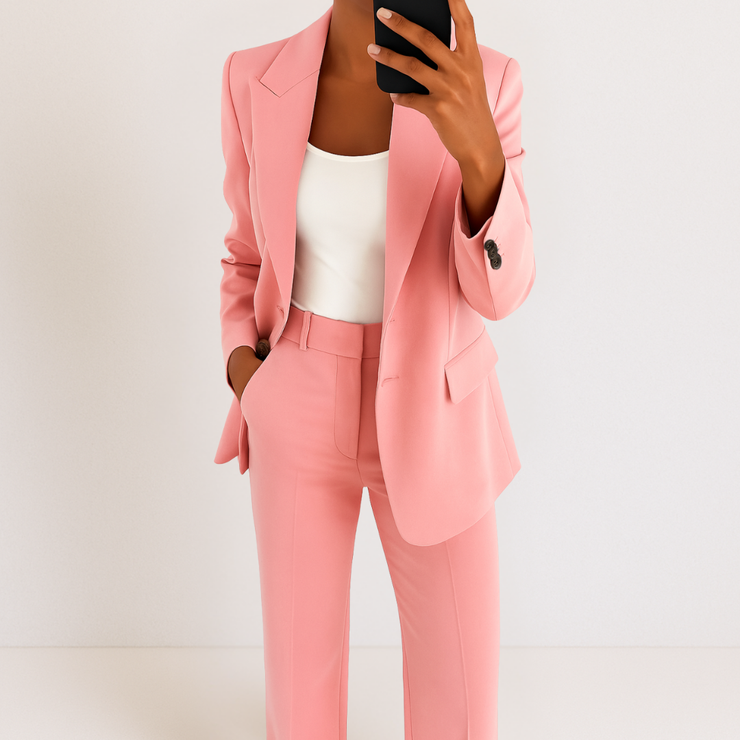 Costume deux pièces rose : veste tailleur et pantalon assorti