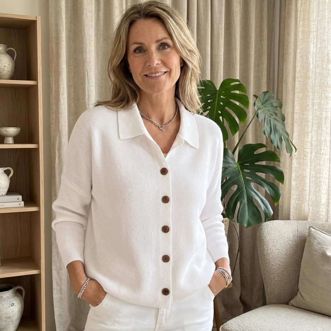 Chemisier boutonné blanc cassé, col simple, texture tricot, boutons marron.