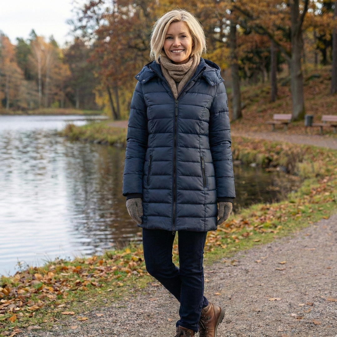 Veste d’hiver matelassée bleu marine longue, fermeture zippée, poches latérales