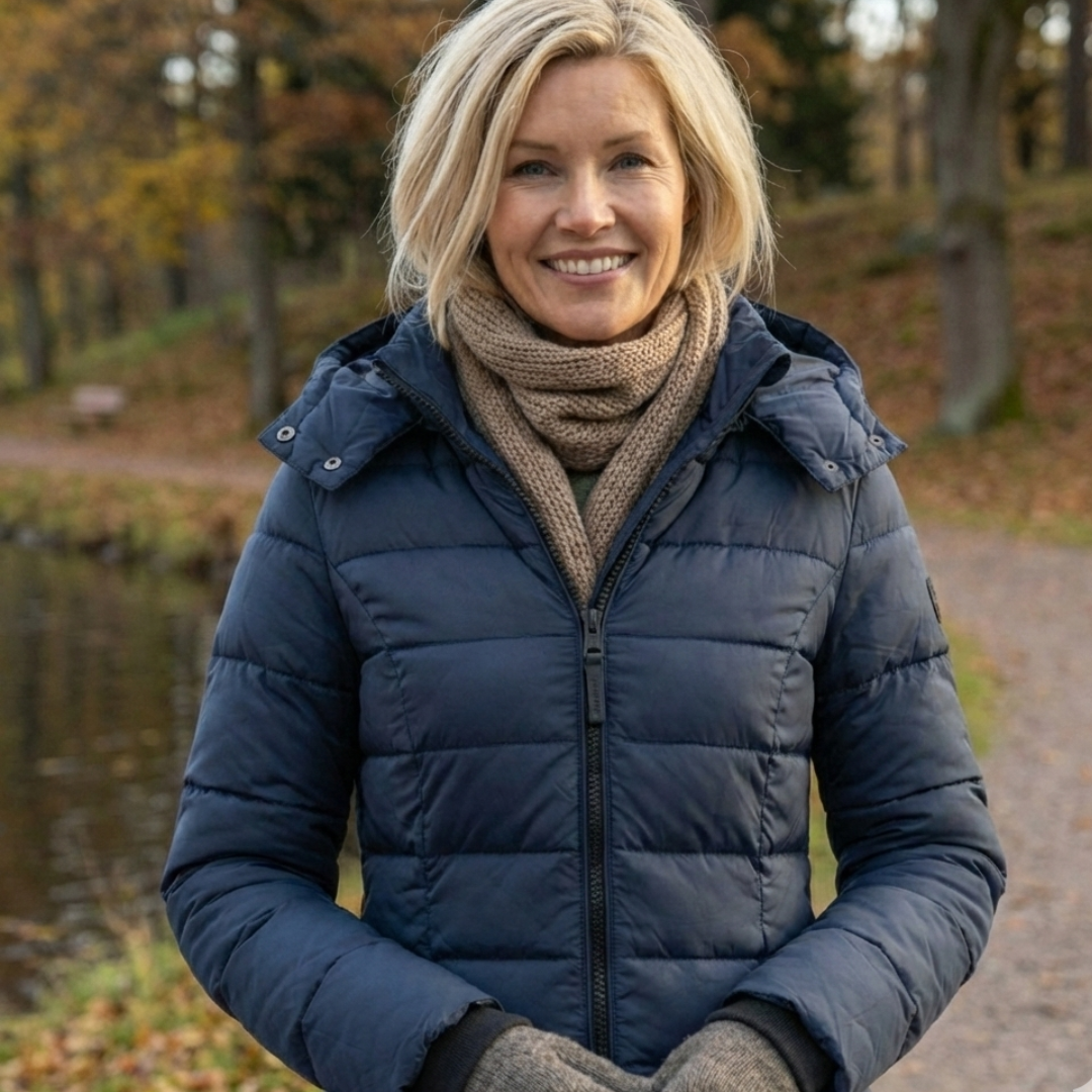 Veste d’hiver matelassée bleu marine, fermeture zippée et col montant