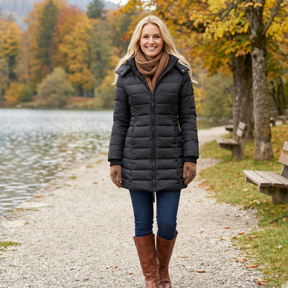 Veste d’hiver matelassée noire, fermeture zippée centrale et col en tricot