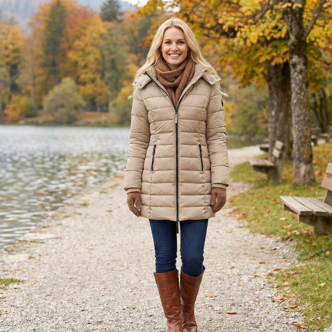 Veste d’hiver matelassée beige, fermeture zippée centrale et col montant