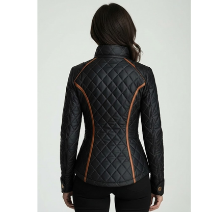 Veste matelassée noire, vue dos, col montant et passepoil orange contrastant