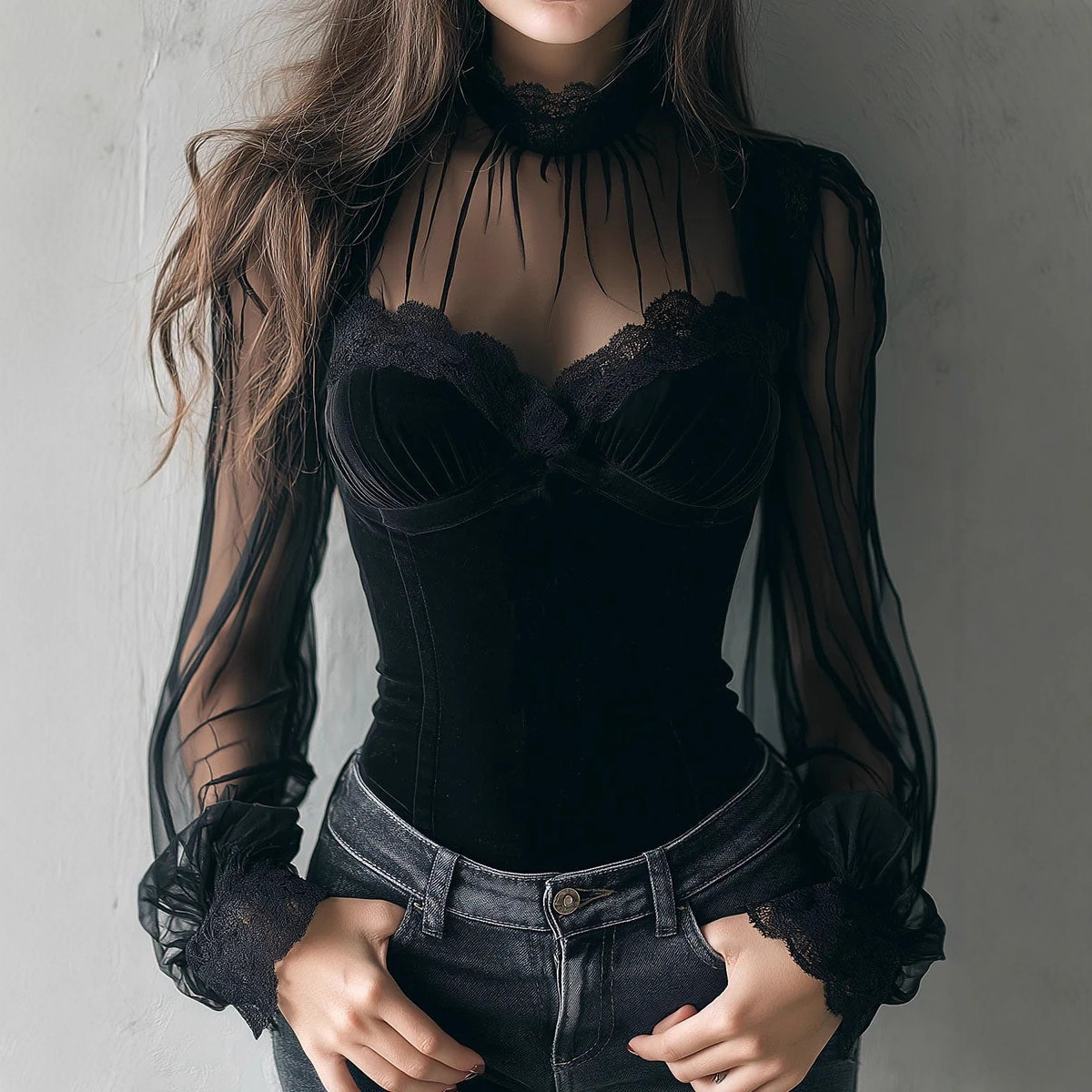Blouse en dentelle Elvira noire, corset ajusté, dentelle aux poignets et au col.