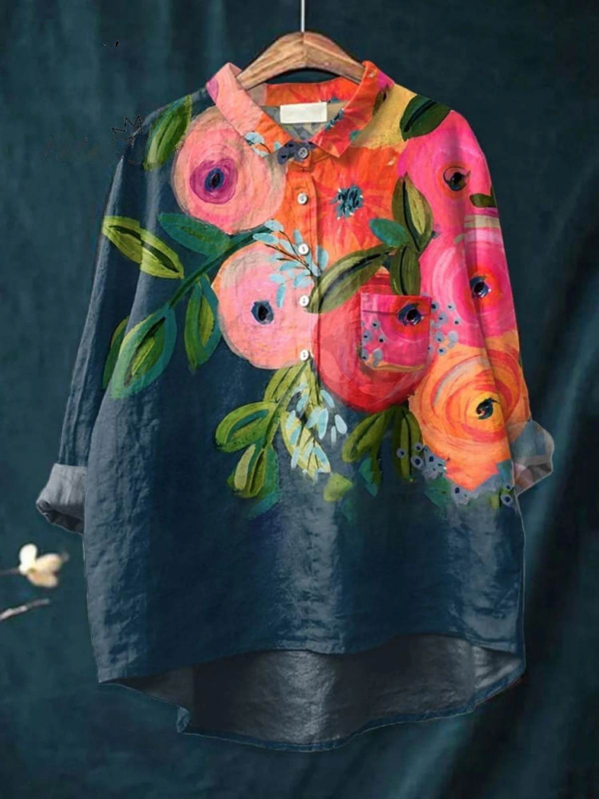 Chemise légère multicolore à manches longues, imprimé fleuri et boutonnière
