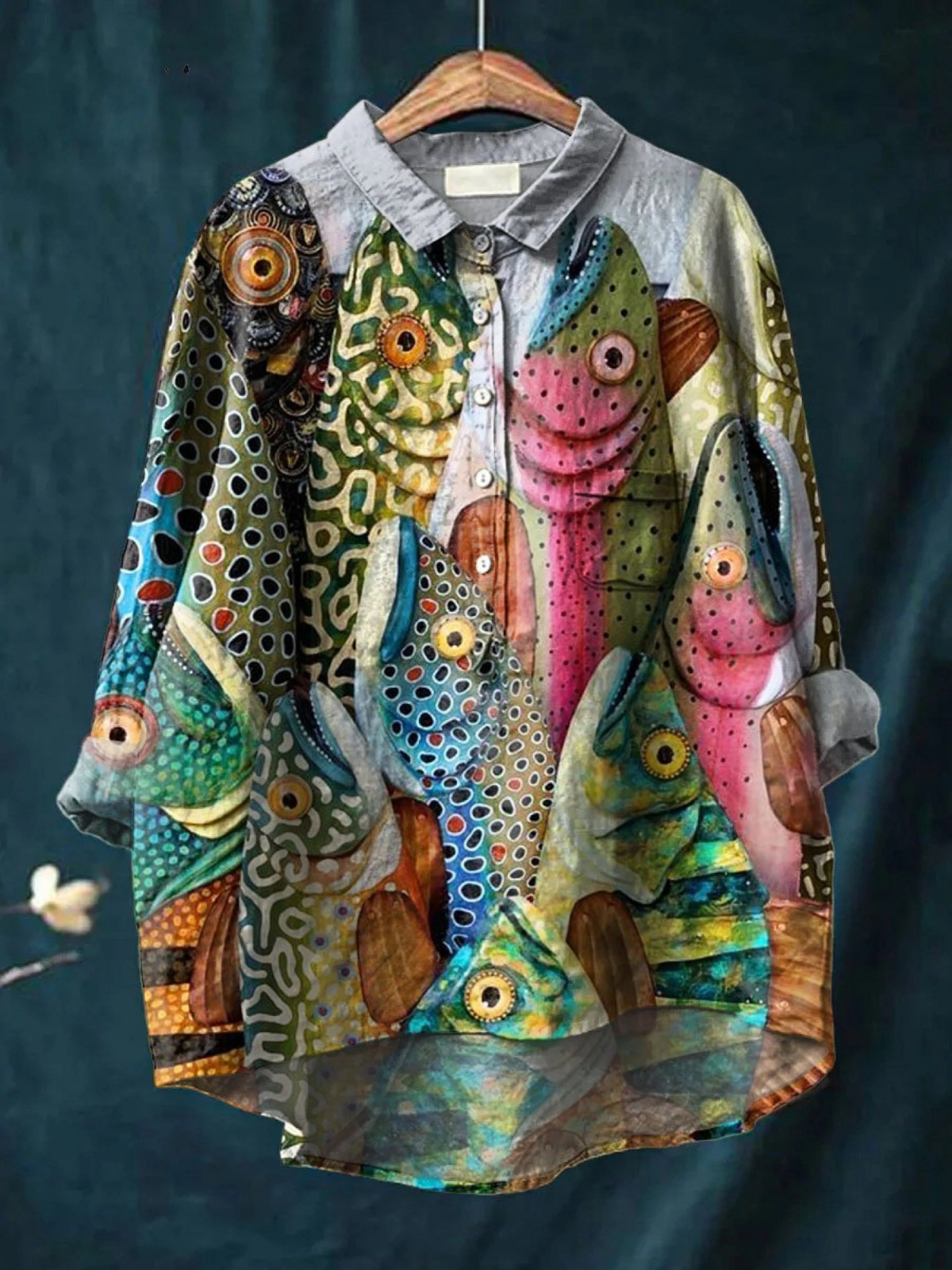 Chemise décontractée à manches longues, col et boutons, imprimé multicolore abstrait