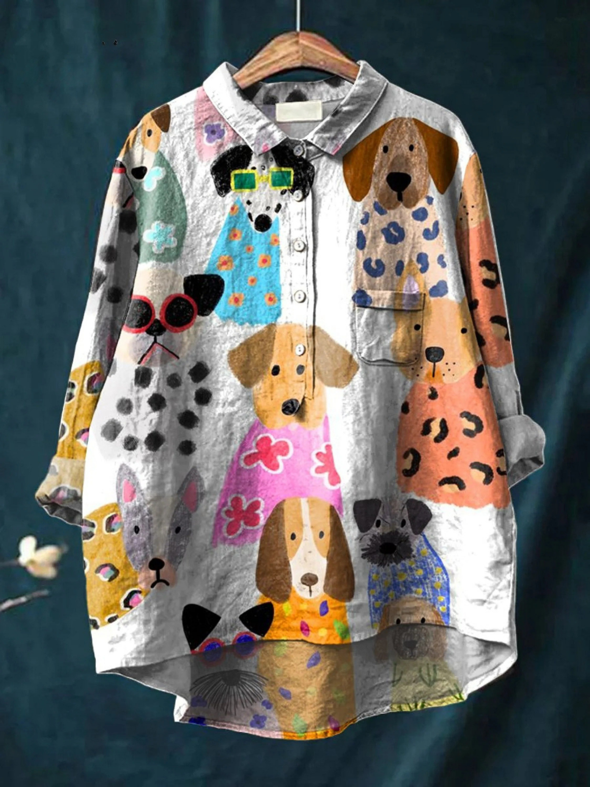 Chemise décontractée légère multicolore à manches longues, col boutonné, motifs animaux