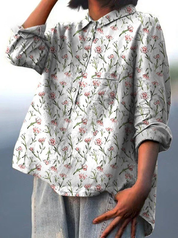 Chemisier léger à col chemise, manches longues, motif floral multicolore