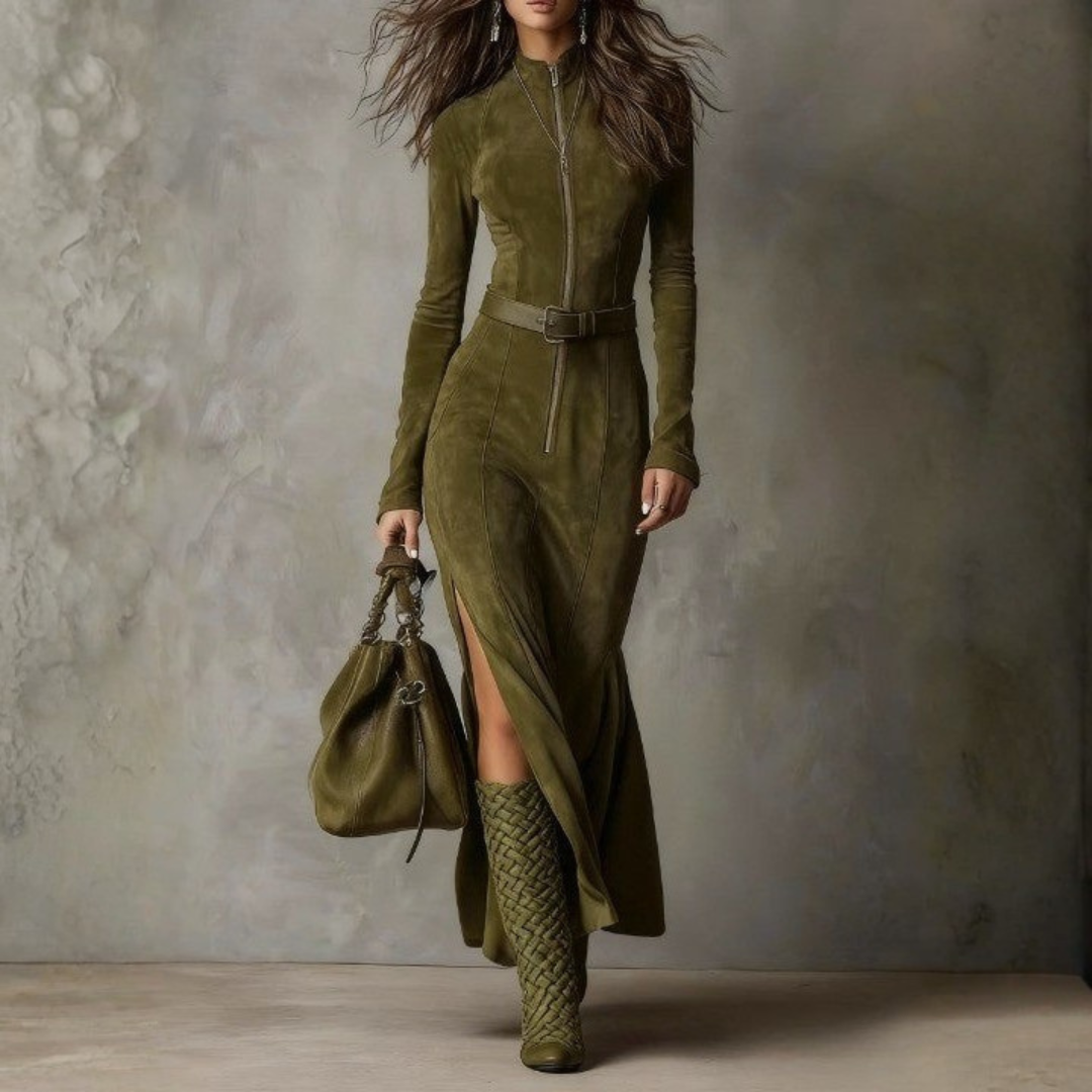 Robe longue en suédine olive verte, fermeture zippée, ceinture, fente