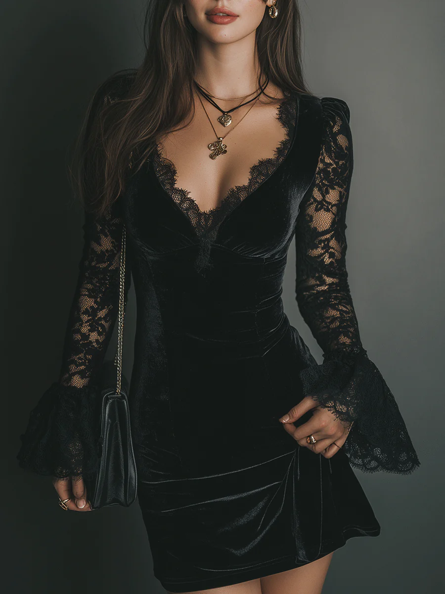 Robe courte noire en velours, décolleté V en dentelle, manches longues évasées