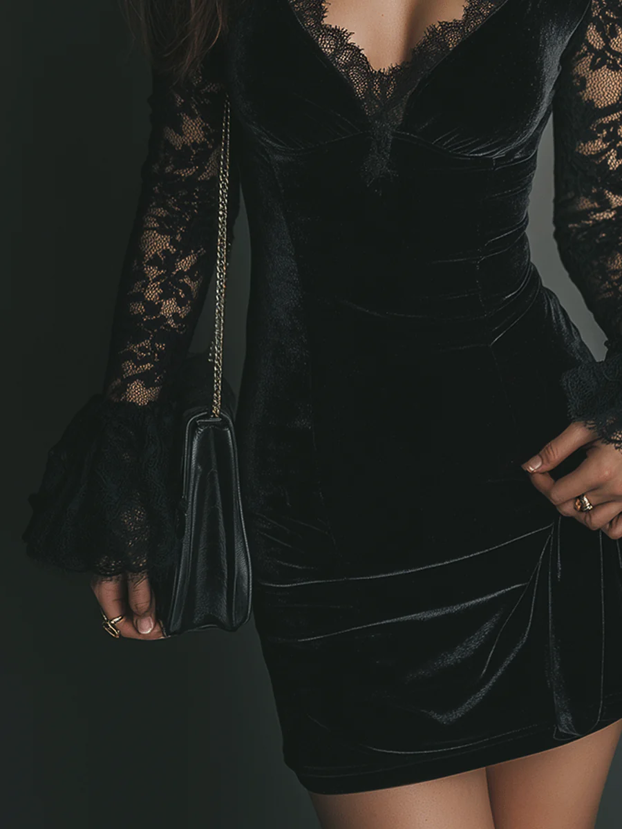Robe noire en velours cintrée, détail couture à la taille, manches en dentelle
