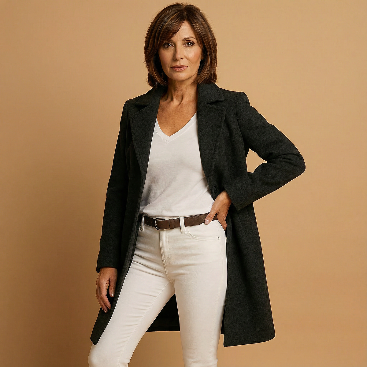 Manteau classique noir, col à revers, boutonnage et coupe mi-longue.