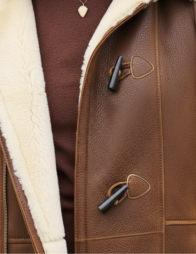 Détail manteau marron: capuche doublée en fausse fourrure, patte avant à boutons-pression