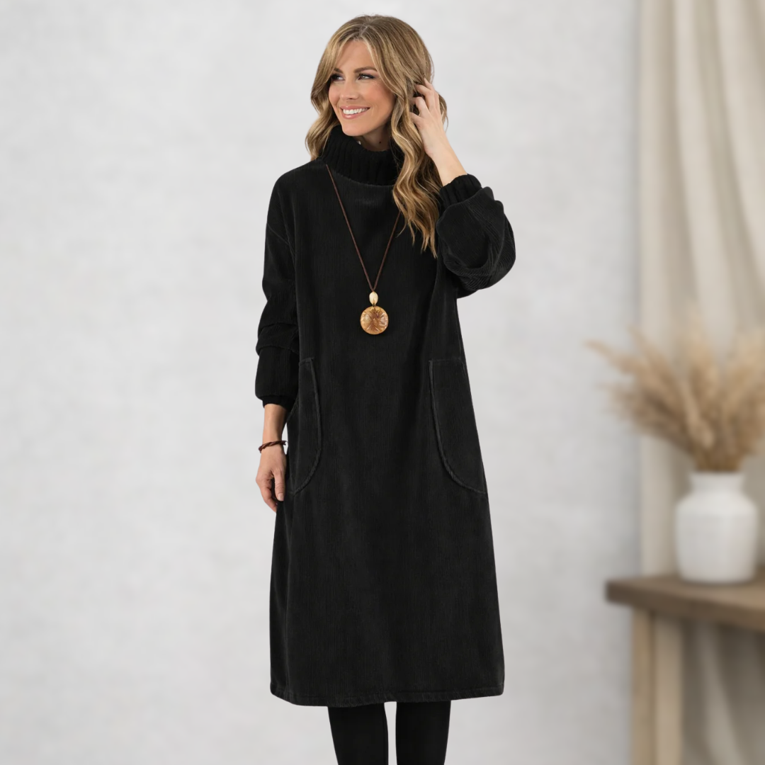 Robe midi noire en tissu doux, col montant, manches longues, poches latérales