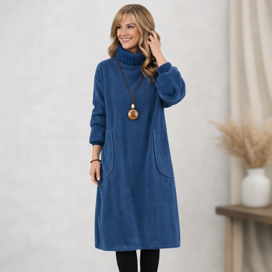 Robe midi bleue en tissu doux, col montant, manches longues, poches latérales