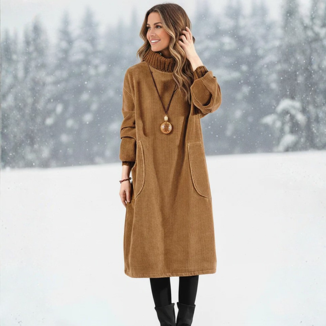 Robe midi marron en tissu doux, col montant, manches longues, poches latérales