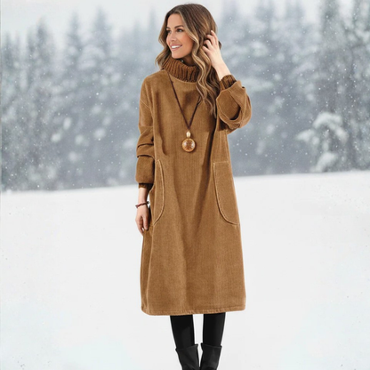 Robe midi marron en tissu doux, col montant, manches longues, poches latérales