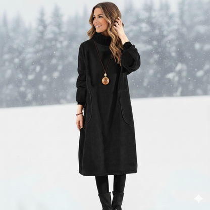 Robe midi noire à col montant, manches longues, poches latérales, coupe confortable