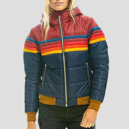 Doudoune rayée arc-en-ciel bordeaux et bleu pétrole, capuche doublée, zip central