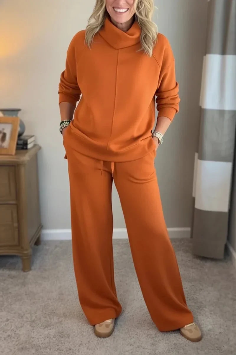 Ensemble confortable orange : haut à col montant et pantalon ample assorti