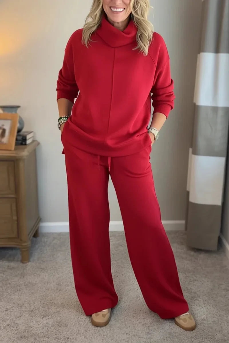 Ensemble confortable rouge : haut à col montant et pantalon ample assorti