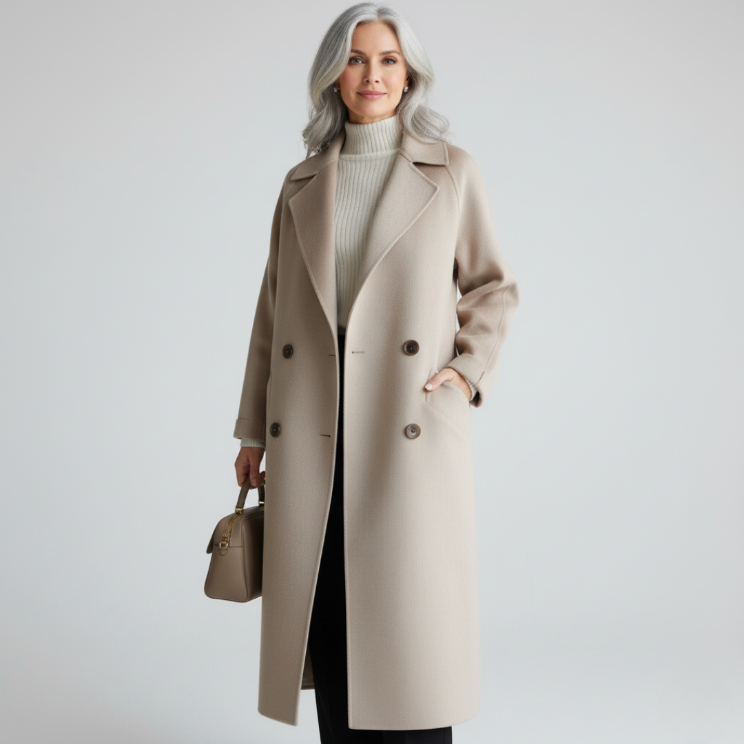 Manteau long beige à revers crantés, double boutonnage et poches plaquées.