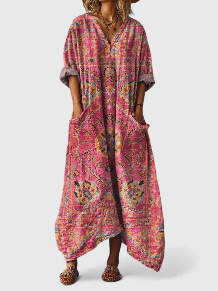Robe ample mi-longue rose à motifs, col en V, poches et manches kimono