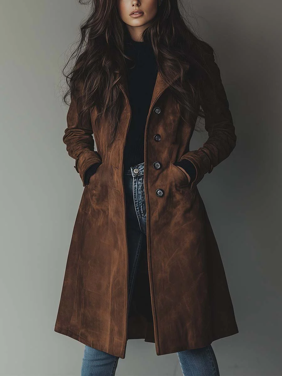 Trench élégant en suède marron, coupe longue avec patte boutonnée
