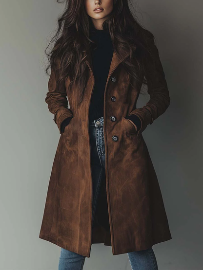 Trench élégant en suède marron, coupe longue avec patte boutonnée