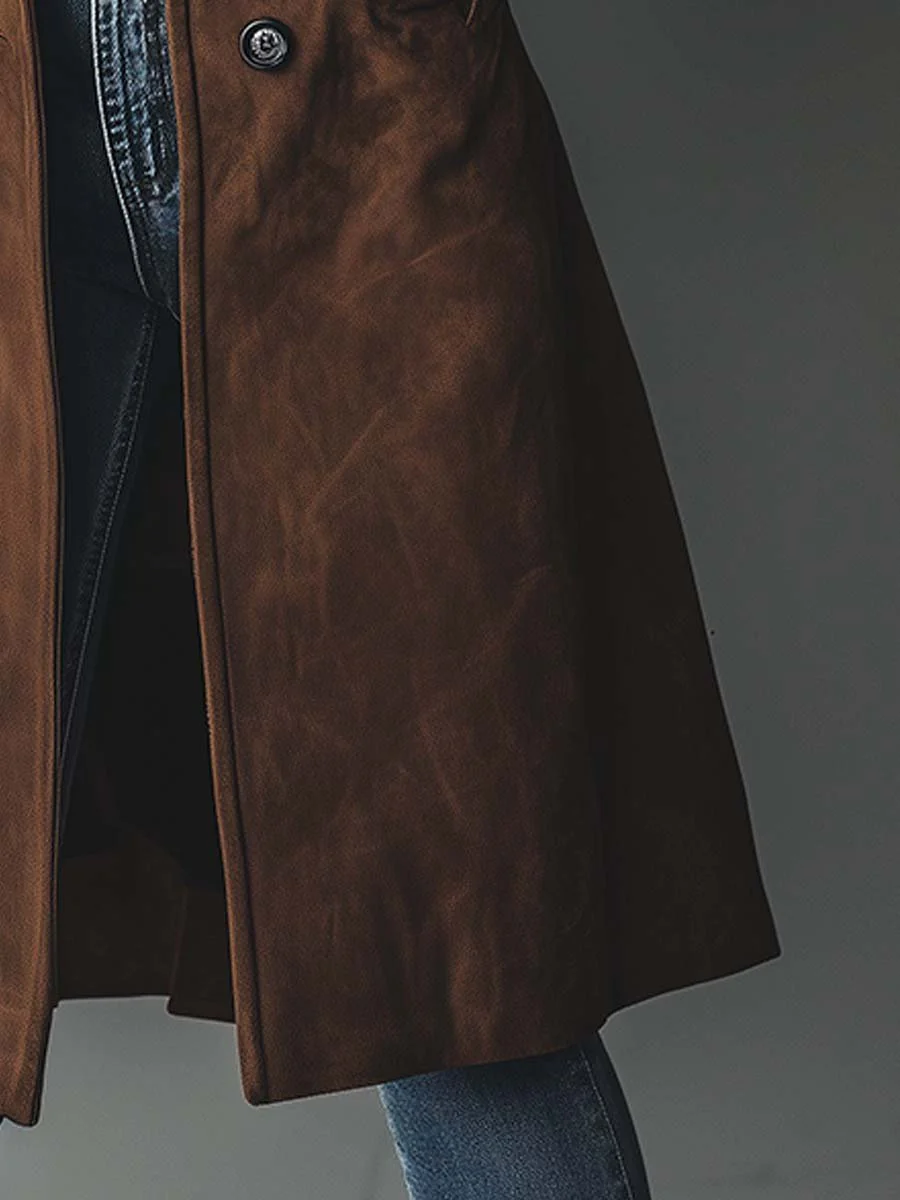 Trench en suède marron, bas évasé et couture latérale visible
