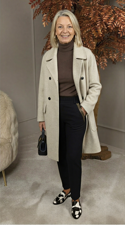 Manteau long en cachemire beige clair, double boutonnage, revers à col, poches