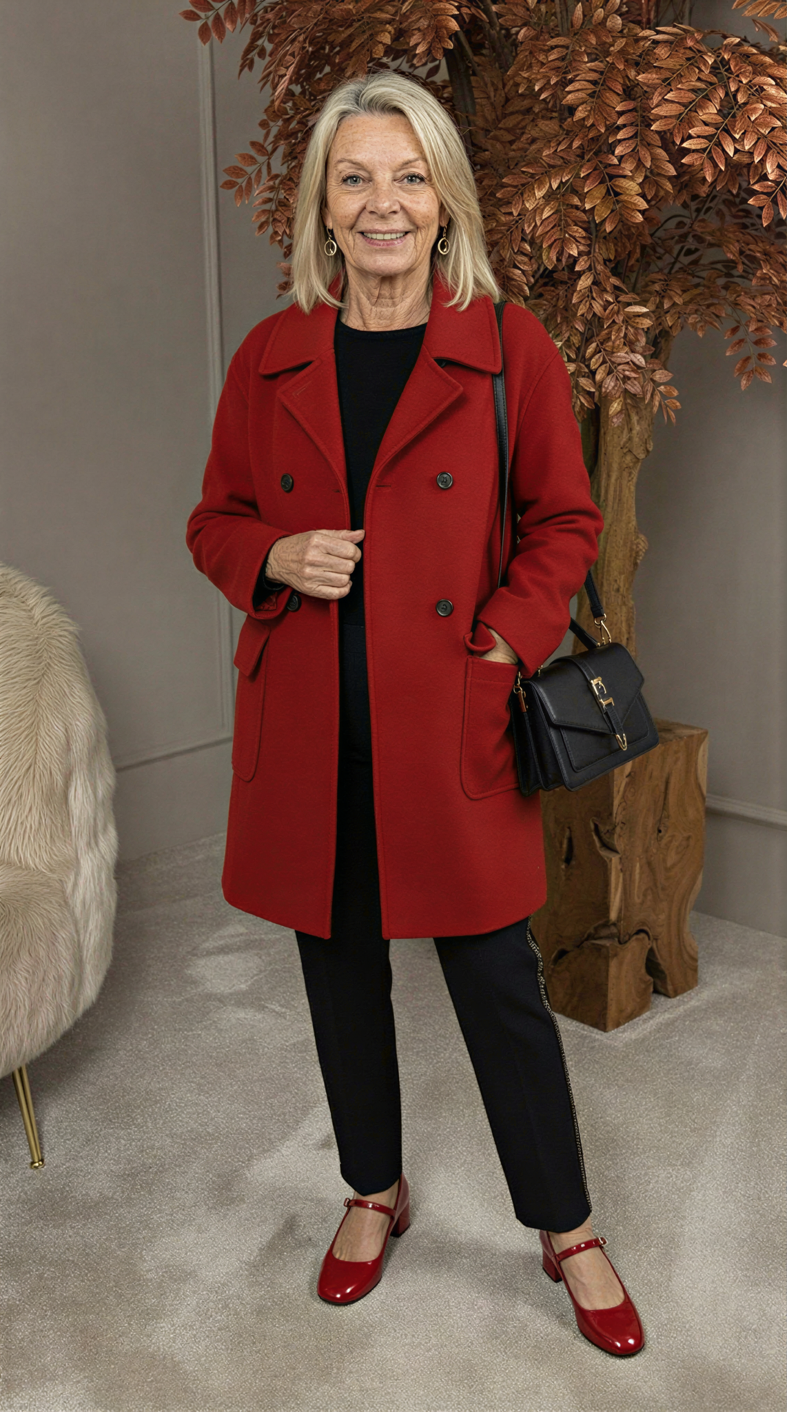 Manteau en cachemire rouge, col à revers, boutons, poches, coupe longue