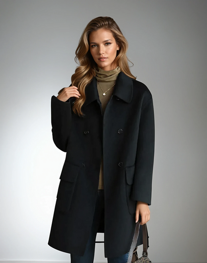 Manteau long en cachemire noir, fermeture boutonnée, revers de col, poches