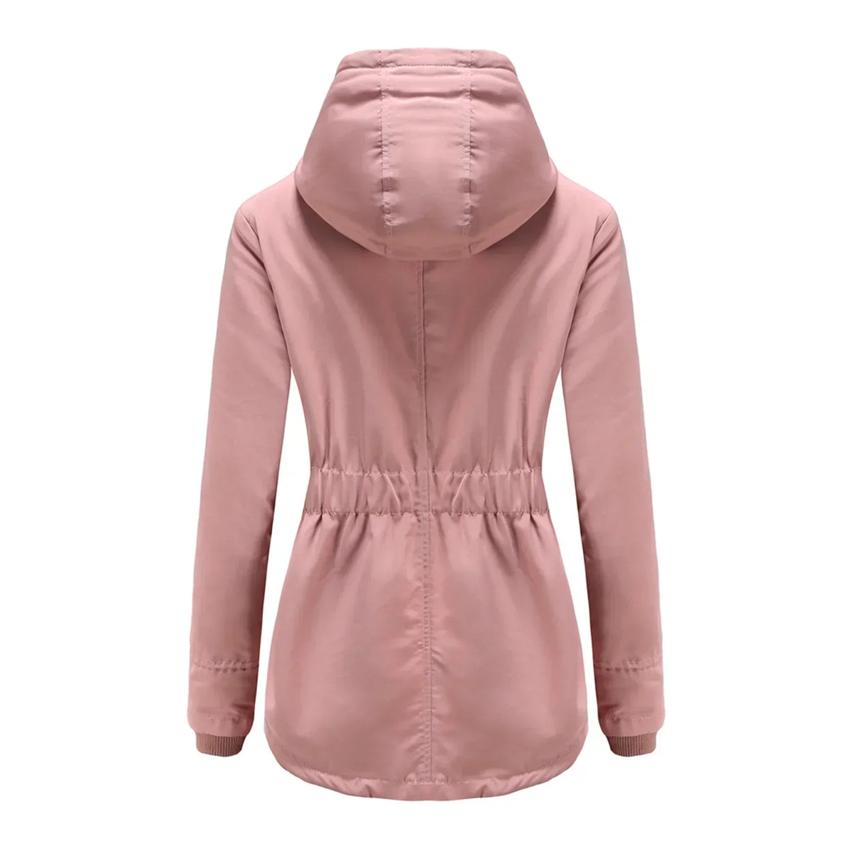 Manteau Amina rose à capuche, doublure sherpa, taille ajustée, fermeture zippée.