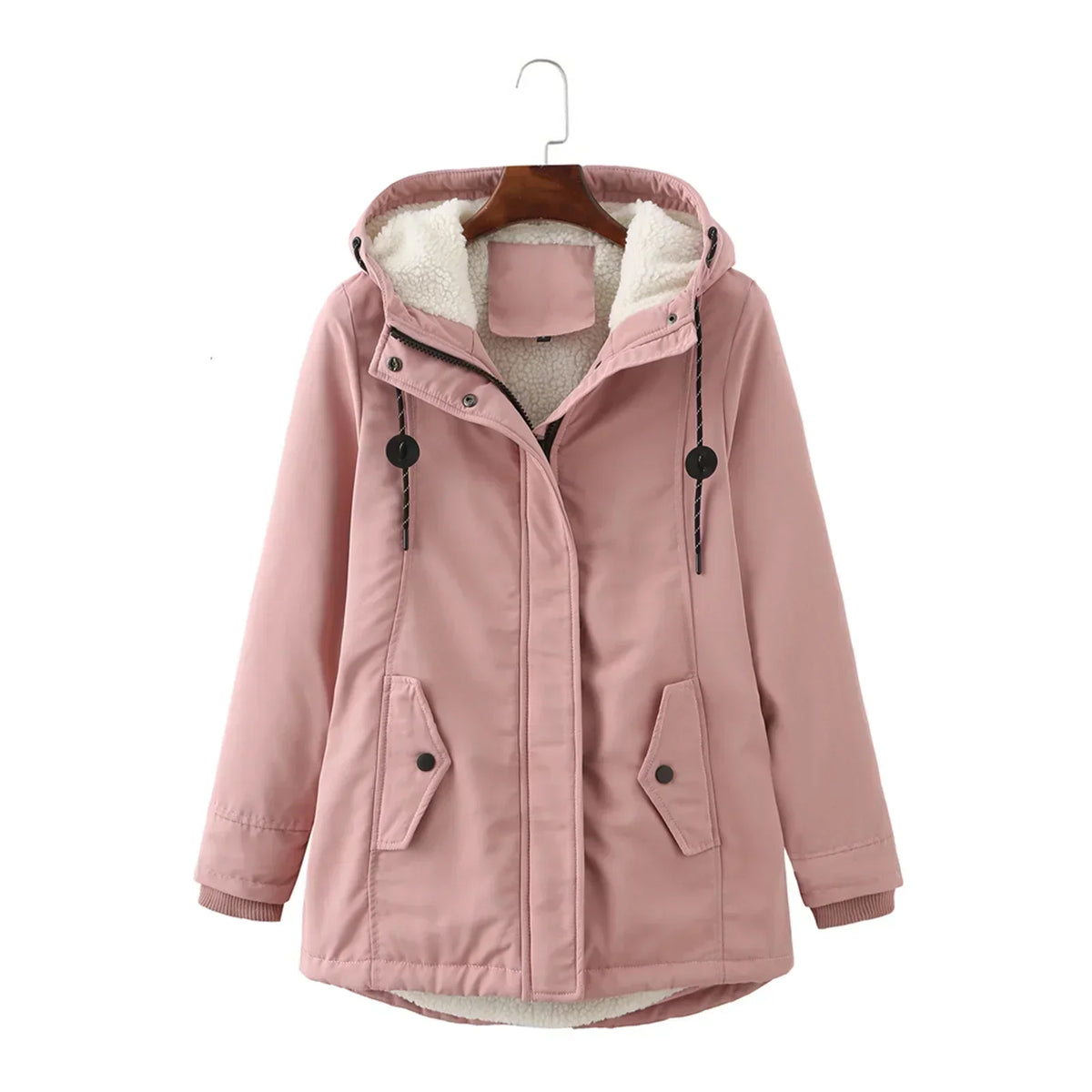 Manteau à capuche Amina rose, doublure sherpa, fermeture zippée, boutons pression sur poches.