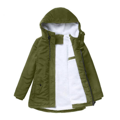 Manteau à capuche Amina vert armée, doublure sherpa blanche, fermeture zippée, poches.