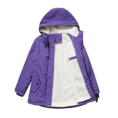Manteau à capuche Amina violet, doublure sherpa blanche, fermeture zippée, poches à rabat.