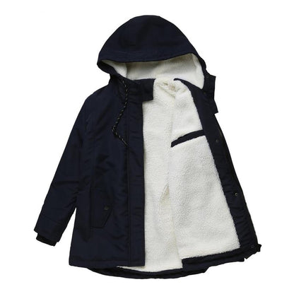 Manteau à capuche Amina bleu marine, doublure sherpa blanche, fermeture zippée, poches.