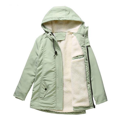 Manteau à capuche vert menthe, doublure chaude blanche, fermeture zippée et poches